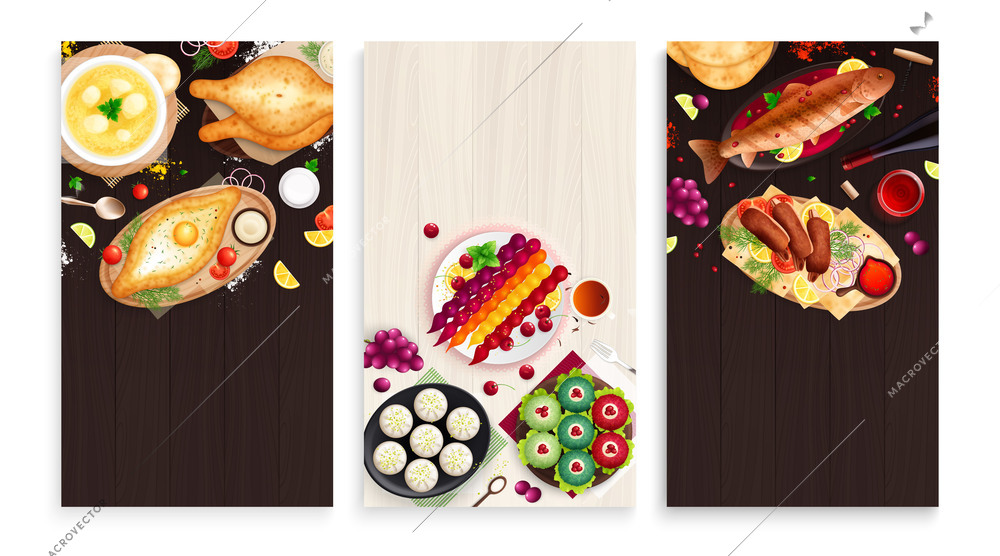 Georgia cuisine flat cards set of three isolated vertical compositions with colorful top views of dishes vector illustration