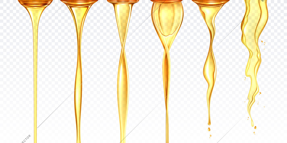 Oil flow realistic set with isolated vertical streams of yellow liquid different shapes on transparent background vector illustration