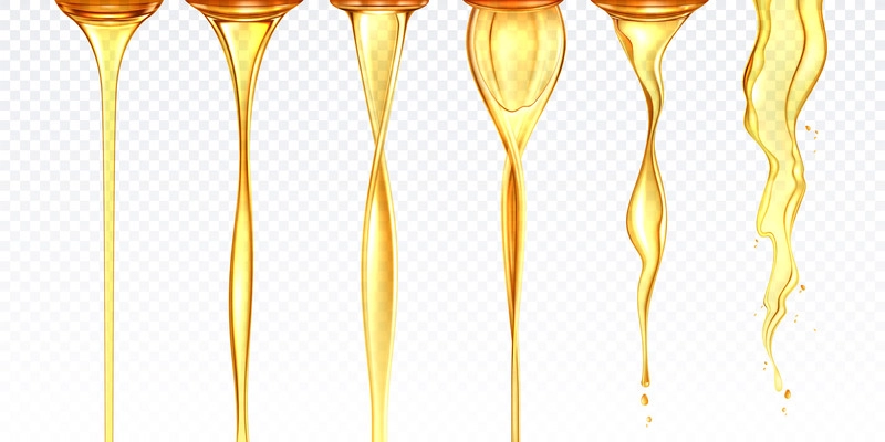 Oil flow realistic set with isolated vertical streams of yellow liquid different shapes on transparent background vector illustration