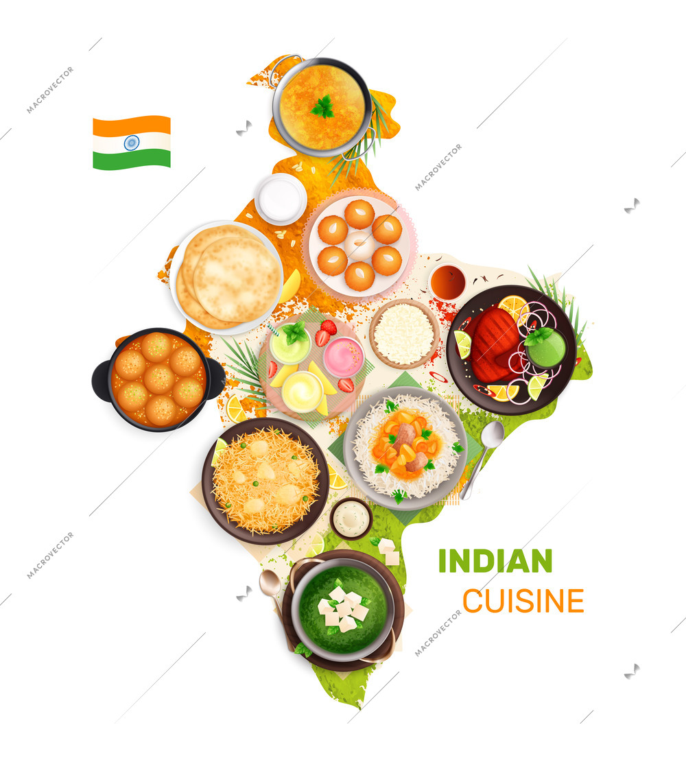 Traditional cuisine map realistic composition with view of india country border with dish icons and text vector illustration