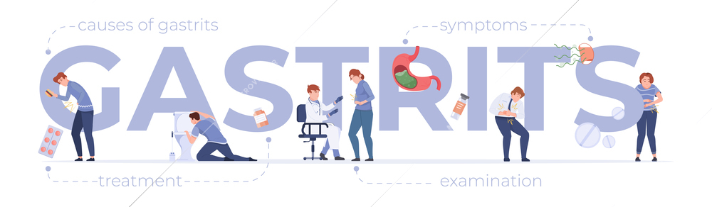 Symptoms treatment causes examination of gastritis with text flat characters of doctor and patients vector illustration