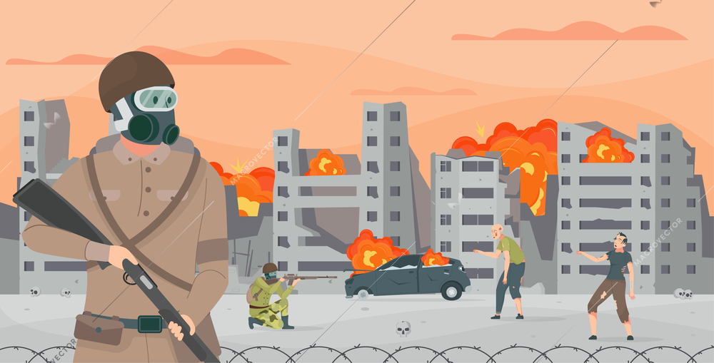 Flat illustration of post-apocalyptic city in fire with armored person on foreground vector illustration