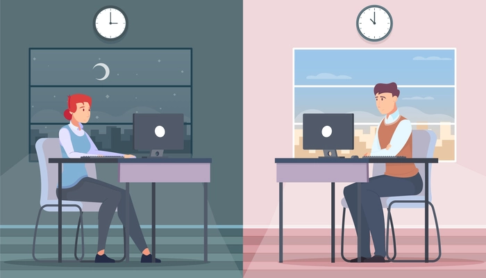 Set of two flat time zone compositions with man and woman working during night and daytime vector illustration