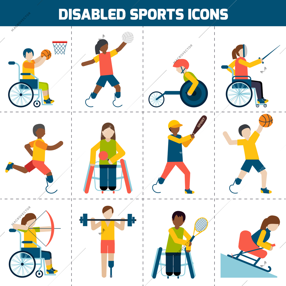 Disabled sports design concept with handicapped people playing football fencing cycling icons set isolated vector illustration