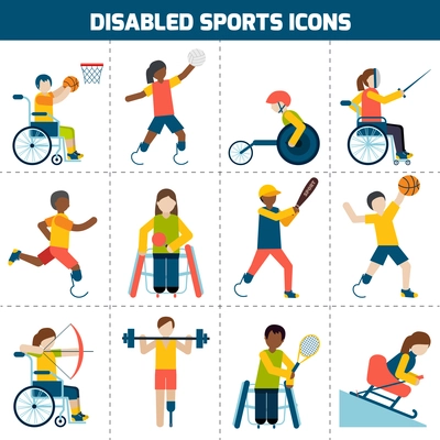 Disabled sports design concept with handicapped people playing football fencing cycling icons set isolated vector illustration