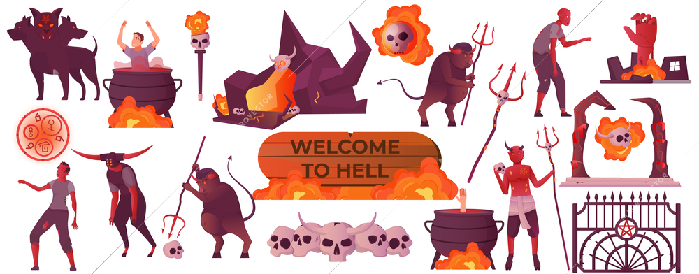 Hell flat set with underworld scenery elements evil characters devils sinners isolated against white background vector illustration