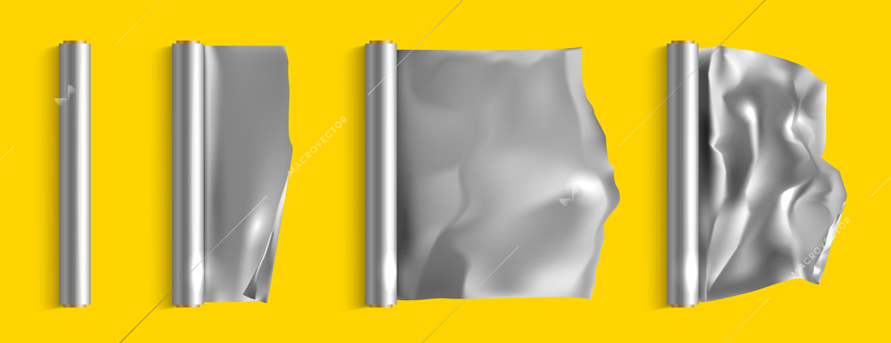 Realistic aluminium foil rolls set on yellow background isolated vector illustration