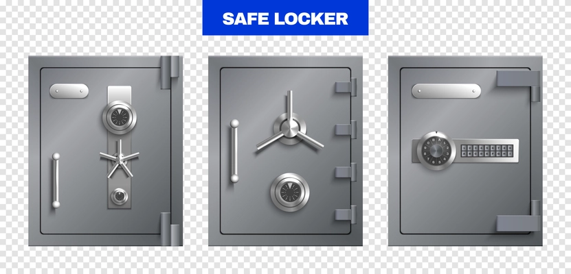 Safe lockers doors set on transparent background realistic isolated vector illustration