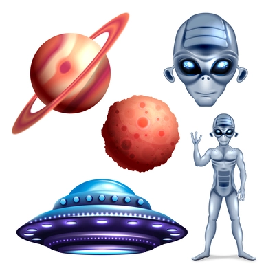 Alien ufo set with outer space symbols realistic isolated vector illustration