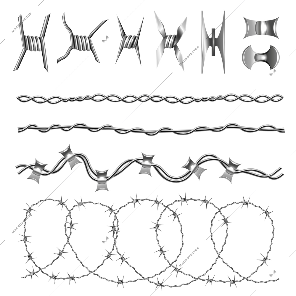 Barb metallic seamless set with fence warning symbols realistic isolated vector illustration