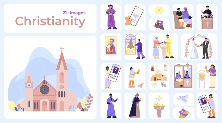 Christianity compositions set with flat isolated temple building images characters of priests obedients and church visitors vector illustration