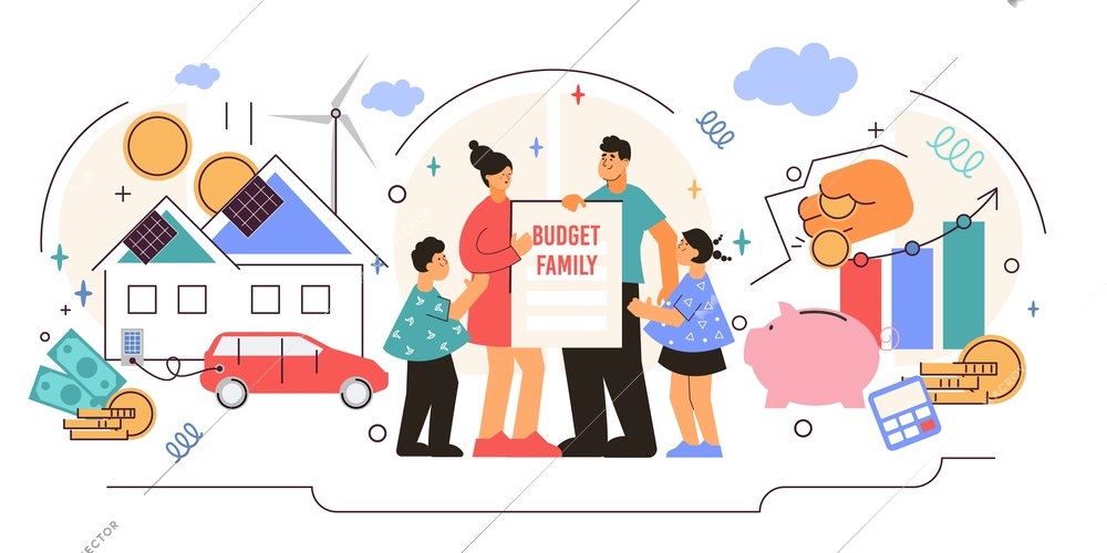 Family budget composition with flat human characters of parents and children with property and money icons vector illustration