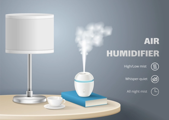 Air humidifier poster with its features and working device in cozy bedroom realistic vector illustration