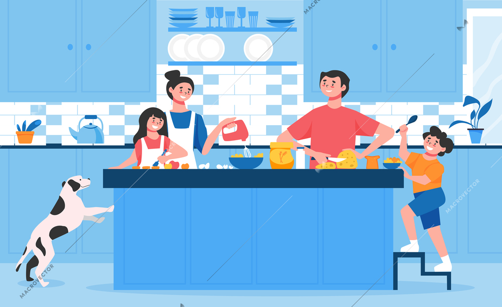 Family routine cooking composition with indoor view of kitchen interior and family members preparing meals together vector illustration