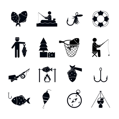 Fishing icon black set with boat bait sinker worms and fish isolated vector illustration