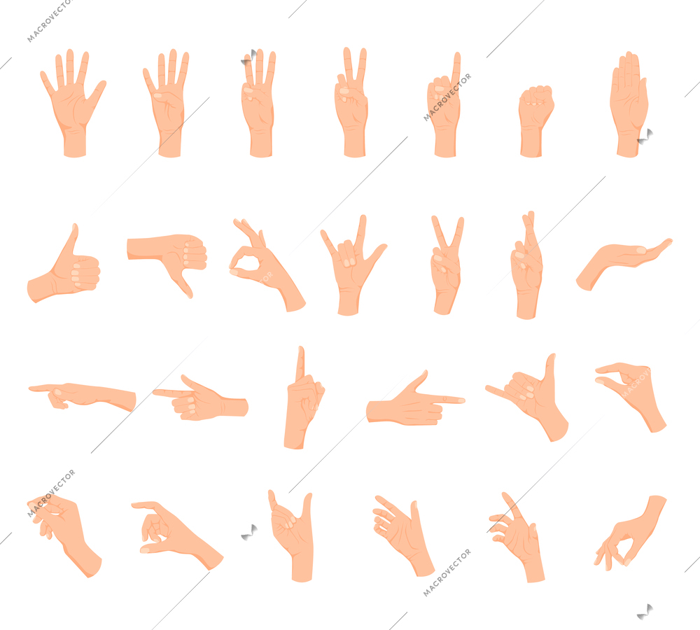 Human hands gestures set with flat isolated icons of palm hands with crossed fingers various shapes vector illustration