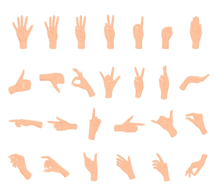 Human hands gestures set with flat isolated icons of palm hands with crossed fingers various shapes vector illustration