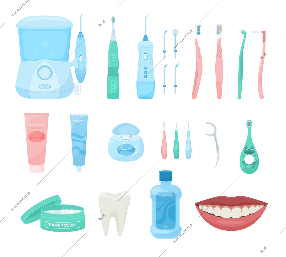 Dental hygiene flat set of isolated icons with oral care products dentists tools and smiling mouth vector illustration