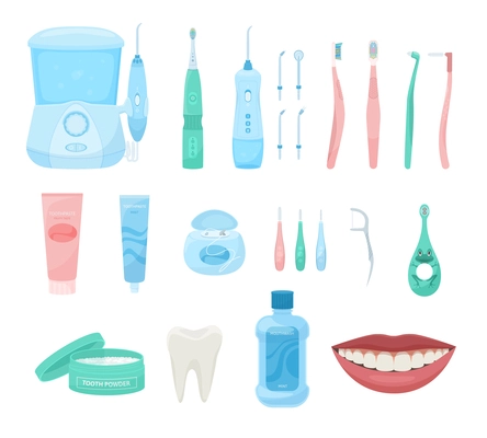 Dental hygiene flat set of isolated icons with oral care products dentists tools and smiling mouth vector illustration