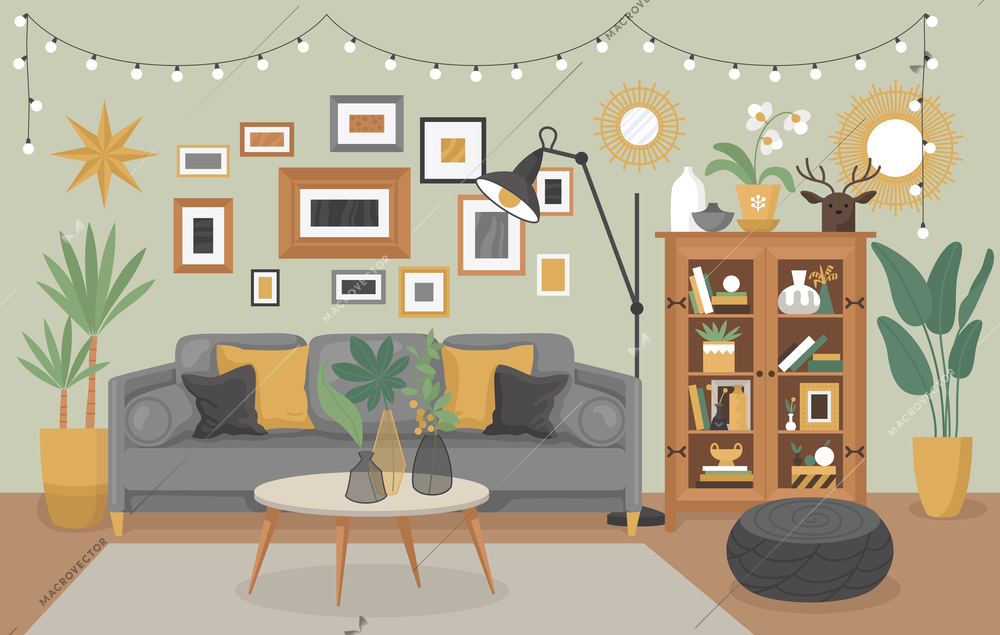 Living room interior composition with indoor view of modern apartment with wall paintings and pot plants vector illustration