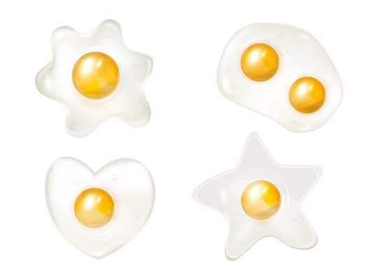 Fried hen eggs of different shape realistic set on white background isolated vector illustration