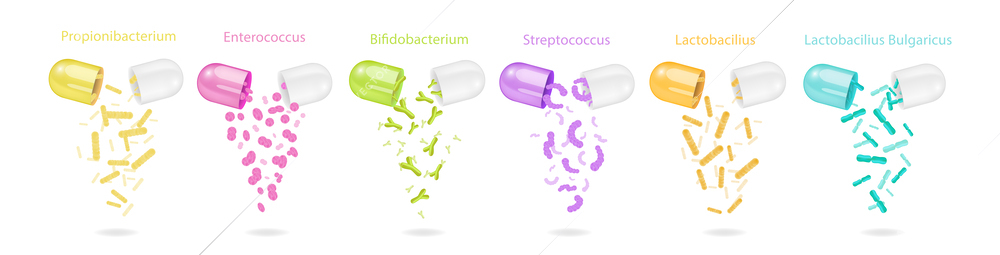 Open colourful probiotics capsules with falling out good bacteria realistic set with text captions isolated vector illustration