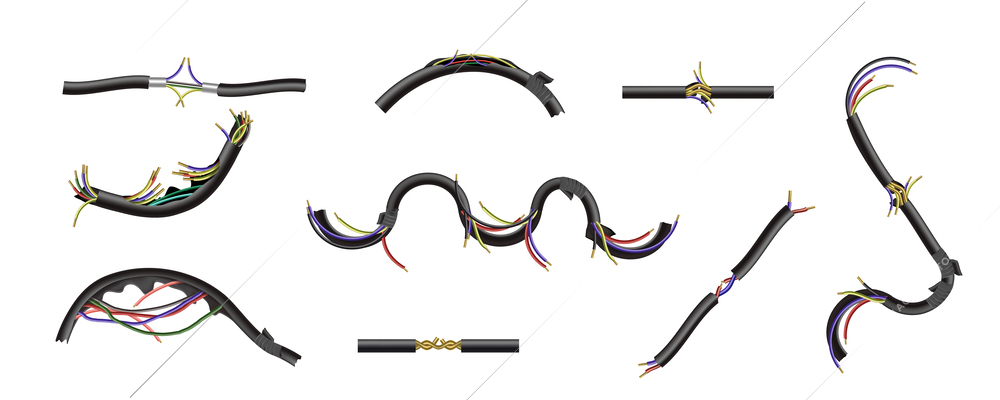 Realistic set of damaged black electric cables isolated against white background vector illustration