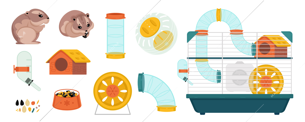 Hamster cage wheel set with isolated icons of domestic enclosure box with drinking bowl spin cycle vector illustration