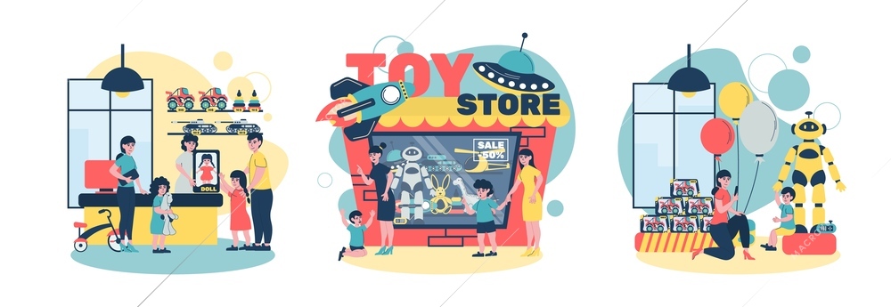 Toy store flat set with three isolated compositions of people near storefront and inside the shop vector illustration