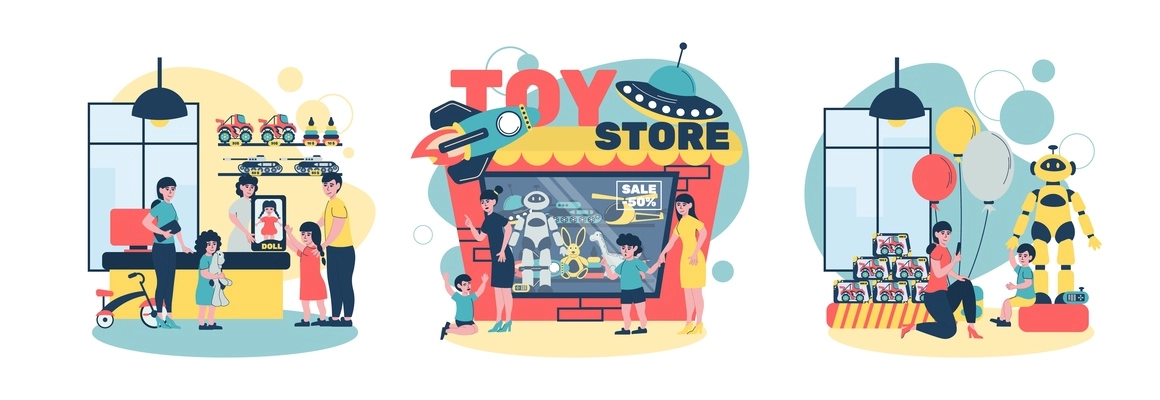 Toy store flat set with three isolated compositions of people near storefront and inside the shop vector illustration