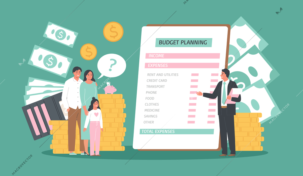 Family budget planning flat concept with human characters money list of expenses and income on color background vector illustration