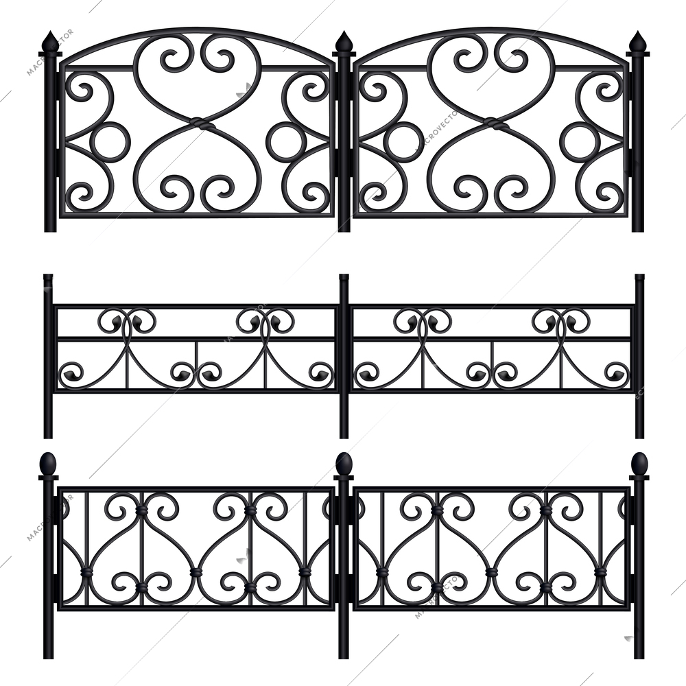 Vintage monochrome collection of wrought iron fence and railing with swirls isolated on white background realistic vector illustration