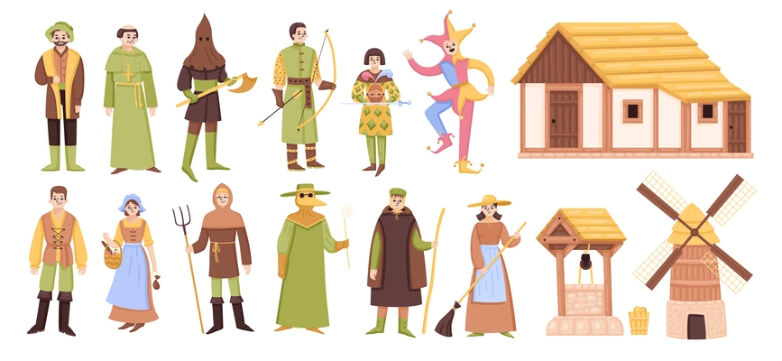 Medieval people set with isolated human characters of victorian age heroes with poor people and warriors vector illustration