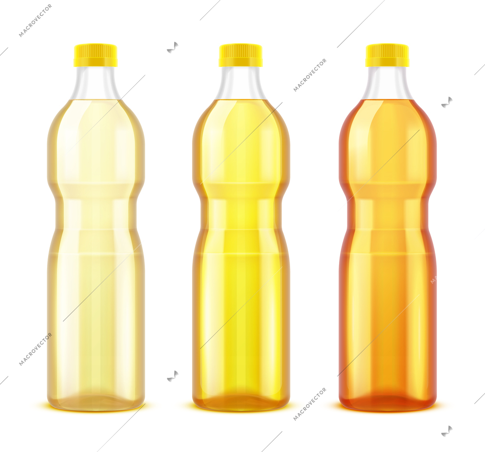 Sunflower refined oil realistic set of three plastic bottles with different shades of yellow product isolated vector illustration