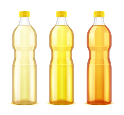 Sunflower refined oil realistic set of three plastic bottles with different shades of yellow product isolated vector illustration