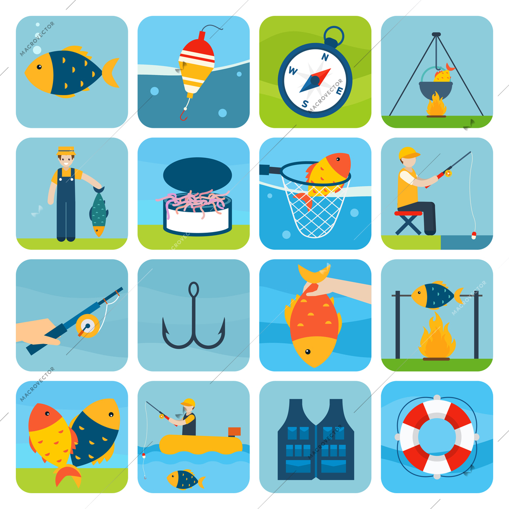 Fishing outdoor vacation fun activity icons set isolated vector illustration