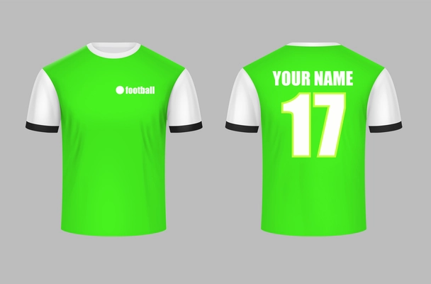 Sport uniform mockup realistic advertising composition with front and rear view of green tee shirt with number isolated vector illustration