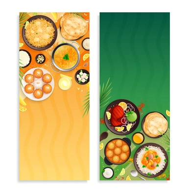 Set of two indian cuisine vertical banners with flat top view images of delicious meals serving vector illustration