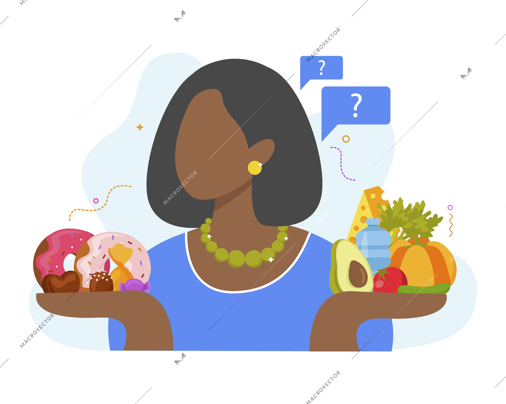 Keto diet flat design concept with black woman holding sweets and alternative useful products on her palms vector illustration