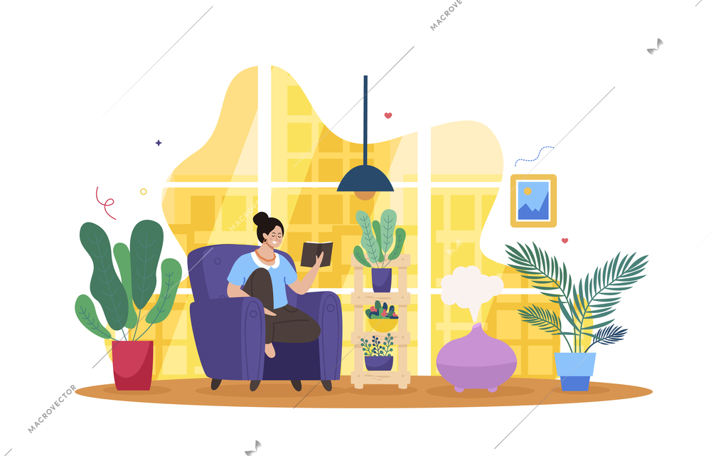 Introvert people flat composition with woman sitting in armchair spending time alone and reading book vector illustration