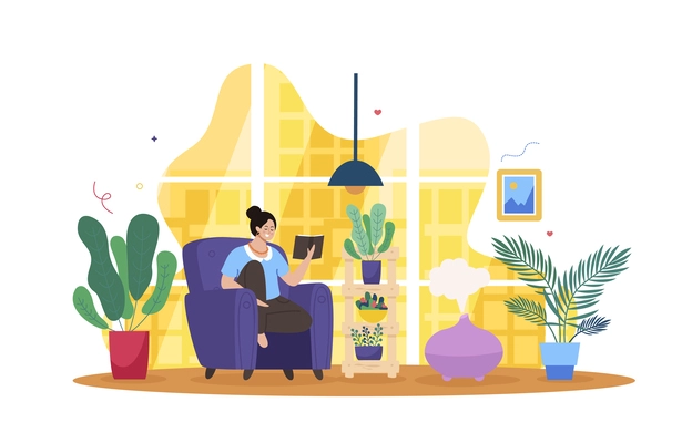 Introvert people flat composition with woman sitting in armchair spending time alone and reading book vector illustration