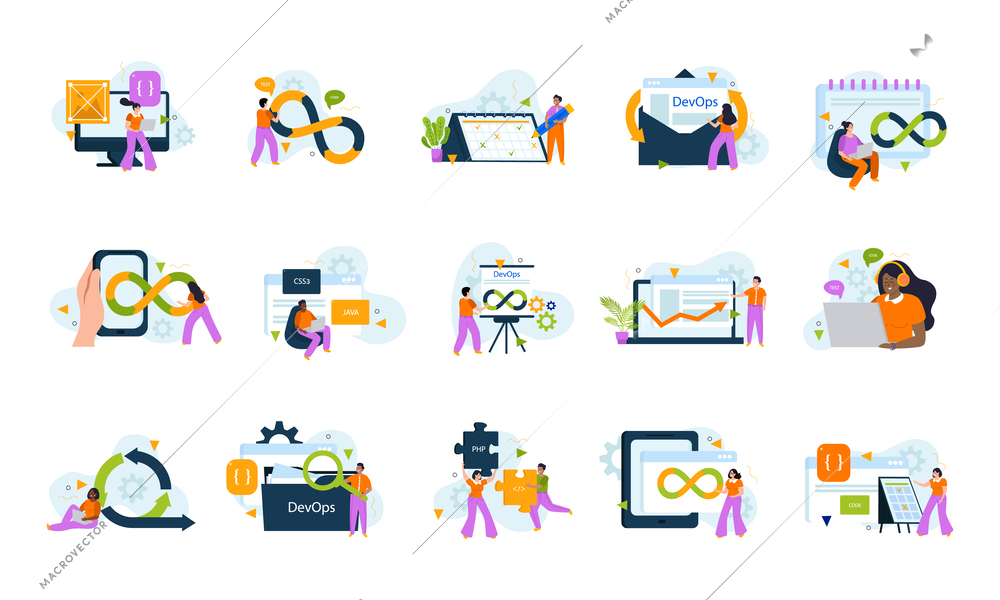 Devops engineering flat icons with male and female programmers and system administrators working with code isolated vector illustration