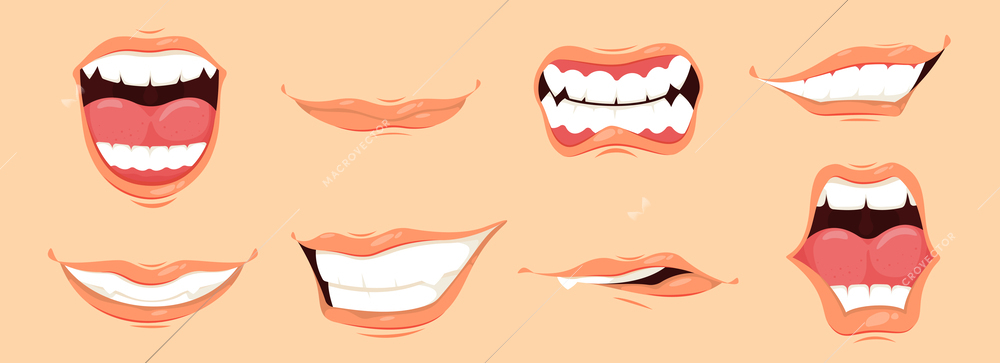 Man mouth cartoon set with different emotions smirk smile sticking out tongue anger happiness isolated vector illustration