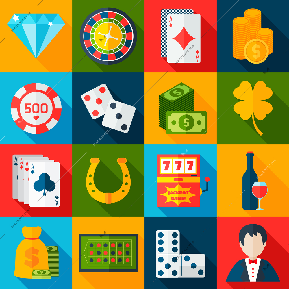 Casino gambling flat icons set with horseshoe slot machine chips isolated vector illustration