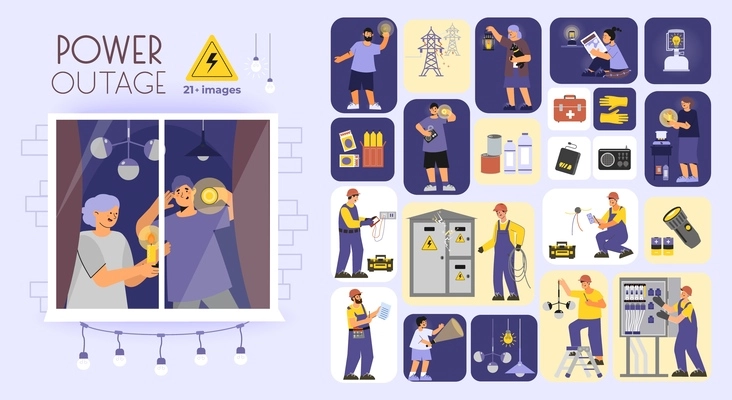 Power outage set of flat isolated compositions with professional electricians performing maintenance works with clients characters vector illustration