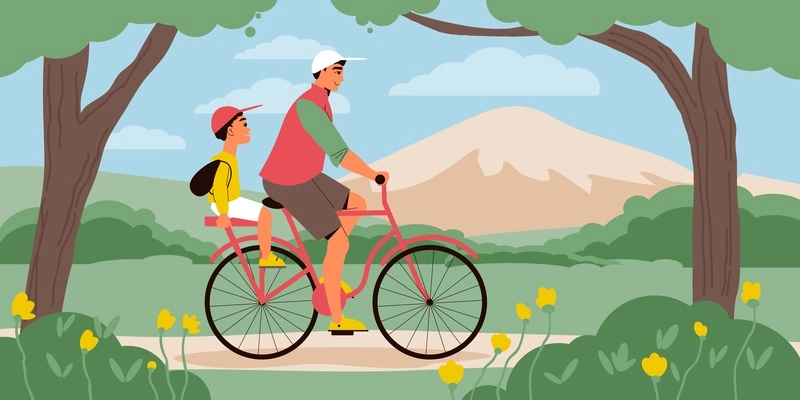 Colored father day composition with bike ride for two in the park vector illustration