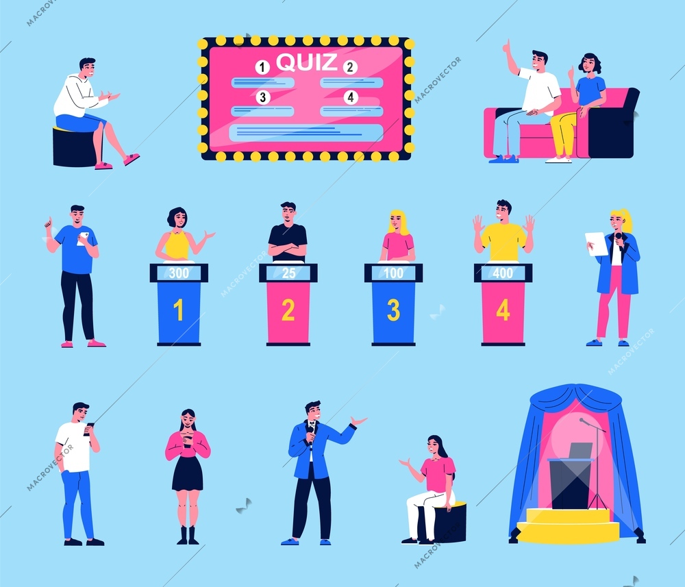 Quiz show flat set with characters of tv hosts contestants studio interior elements isolated on blue background vector illustration