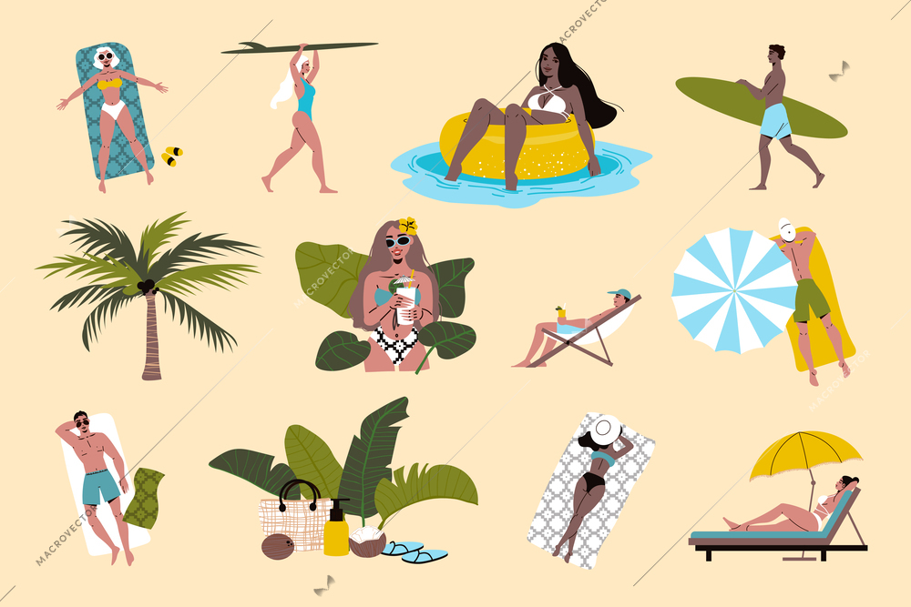 Rest on tropical beach flat set with palm coconut people sunbathing relaxing surfing isolated on color background vector illustration