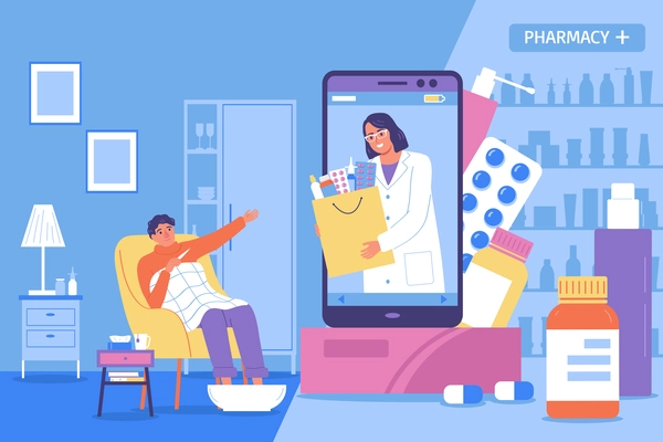 Online pharmacy flat background with male person with cold in home interior and health care application on smartphone vector illustration