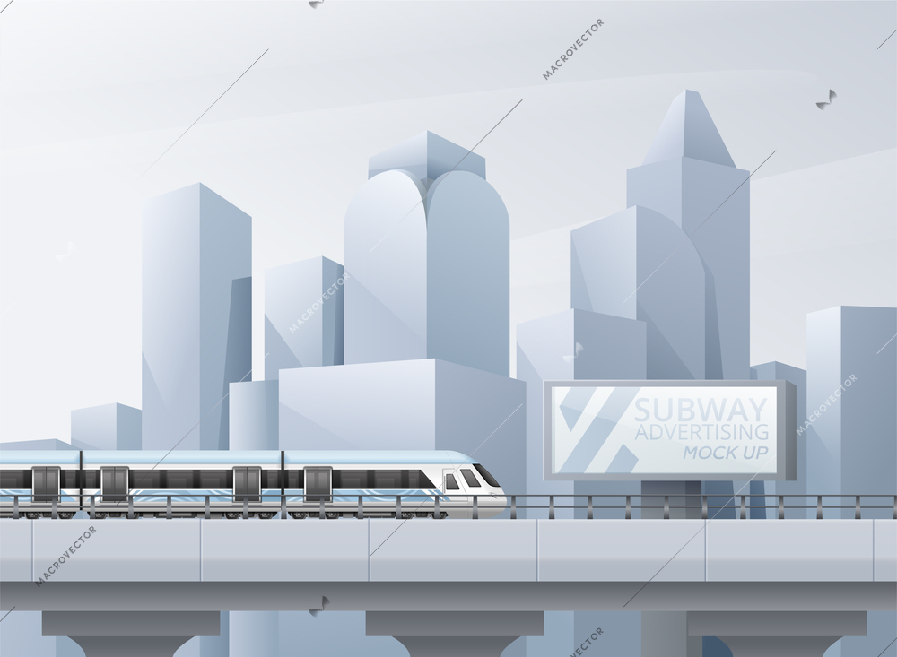 Subway advertising mockup realistic background with metro train and cityscape vector illustration